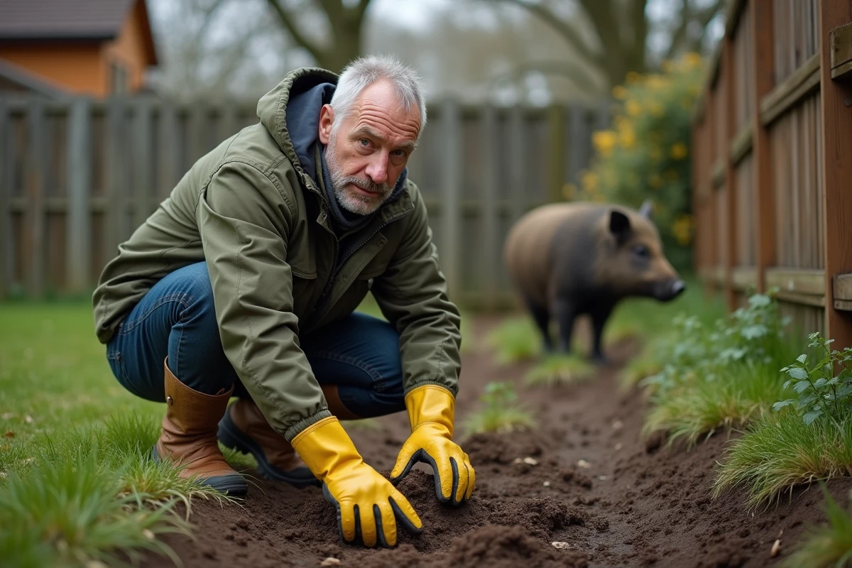 Homme en équipement de jardinage inspectant des traces et crottes de sanglier dans son jardin résidentiel clôturé