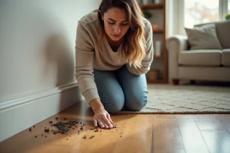 Femme inspectant des débris dans un intérieur cosy