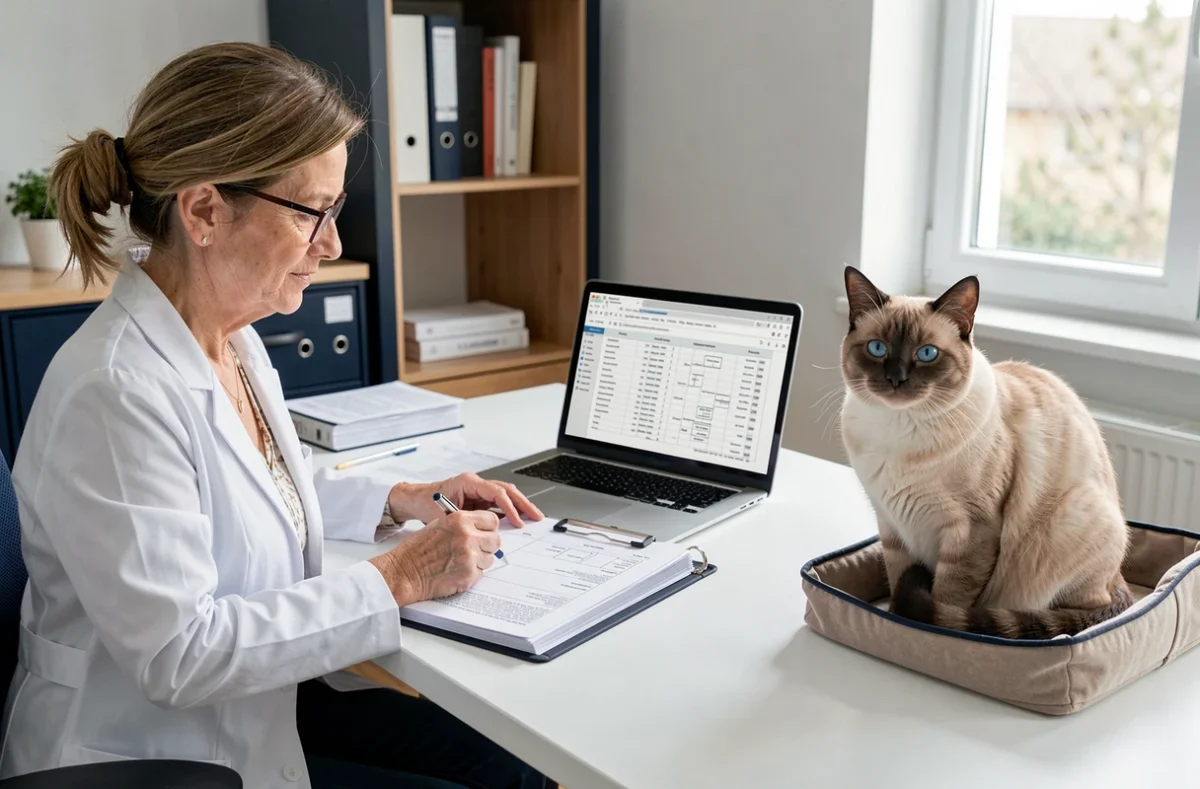 Éleveuse en blouse blanche consultant un protocole de reproduction documenté avec un chat à poils courts dans son bureau professionnel, élevage Iris Polaires