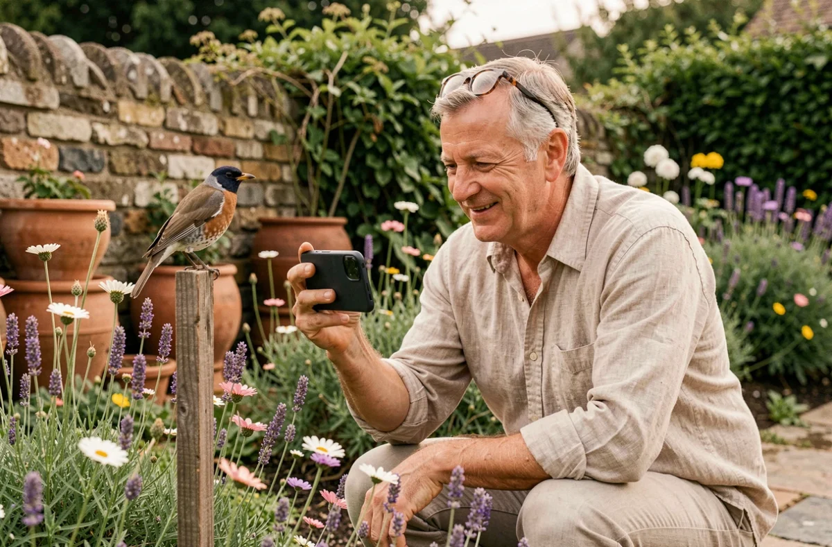 Jardinier photographiant un rouge-gorge avec une application d'identification d'oiseaux dans son jardin