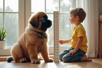Jeune chiot Newfoundland à côté d'un mètre pour la taille
