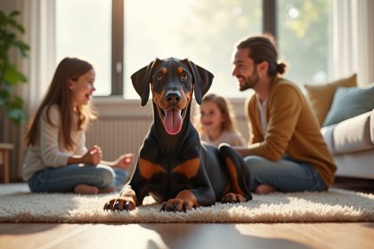Chiot doberman souriant dans un salon moderne avec famille