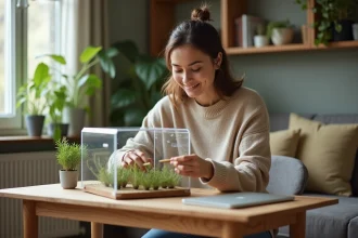 Jeune femme assemble un terrarium à fourmis dans un salon cosy
