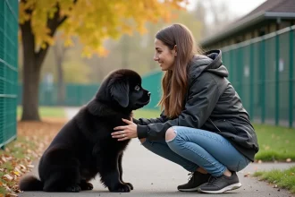 Jeune femme avec un chiot Newfoundland dans un refuge animal