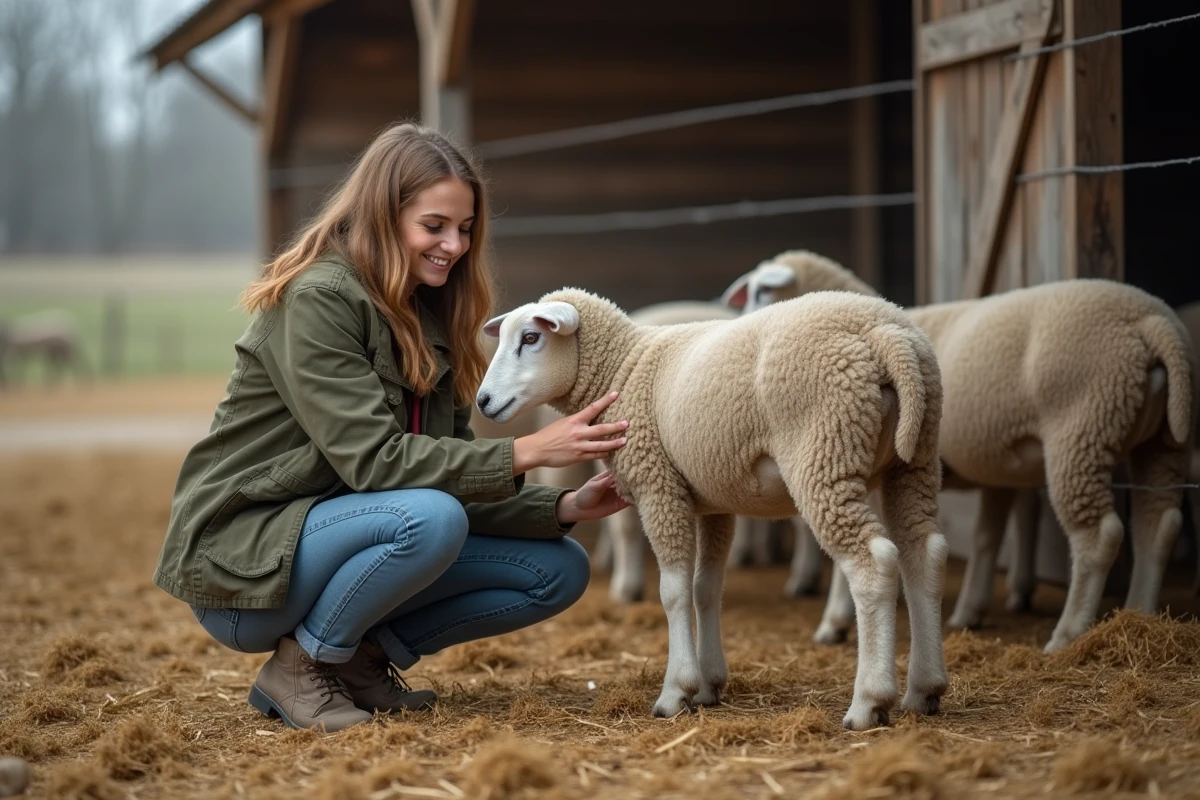 Jeune femme inspectant un mouton dans une cour de ferme