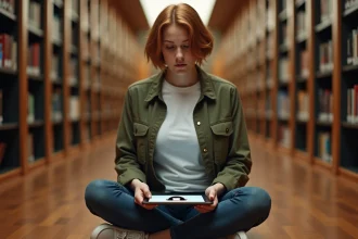 Jeune femme dans une bibliothèque universitaire tenant une tablette avec un test visuel manchot Pix en noir et blanc