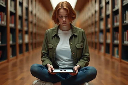 Jeune femme dans une bibliothèque universitaire tenant une tablette avec un test visuel manchot Pix en noir et blanc
