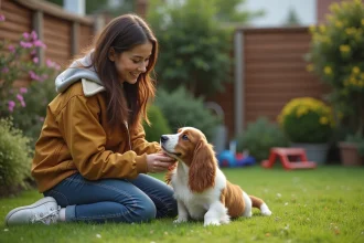 Jeune femme caressant un chiot Basset Hound dans un jardin