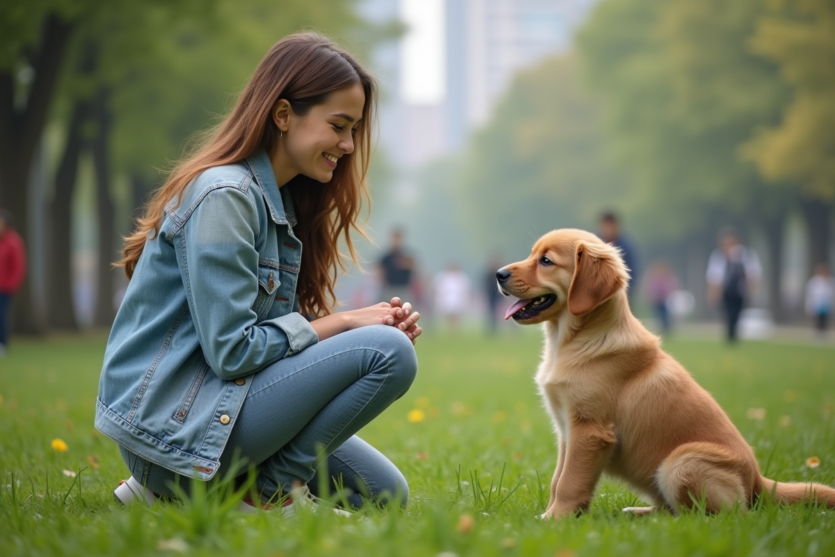 Jeune femme souriante avec son chiot Alba dans un parc urbain