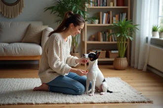 Jeune femme avec chiot Bull Terrier en intérieur chaleureux
