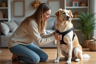 Jeune femme en jeans et pull ajuste un harnais à un chien dans un salon moderne