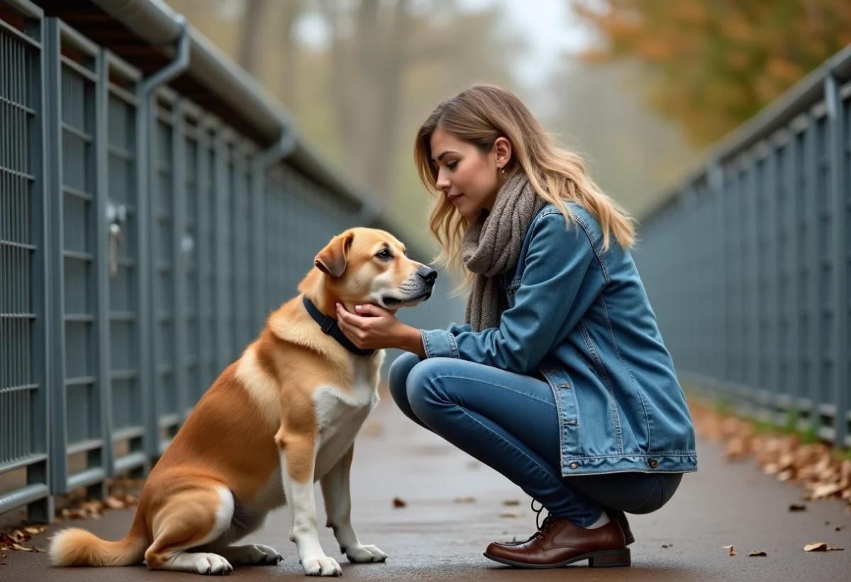 Jeune femme caressant un chien dans un refuge animalier