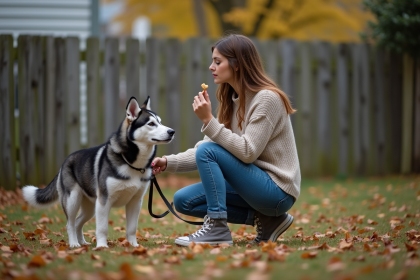 Jeune femme guide un husky en jardin suburbain