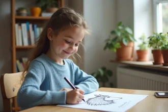 Jeune fille dessinant un loup sur un carnet dans une pièce chaleureuse
