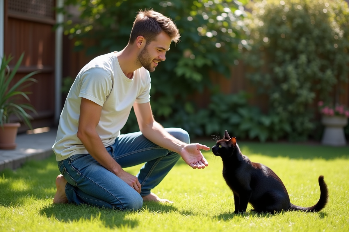 Jeune homme dans le jardin avec un chat noir