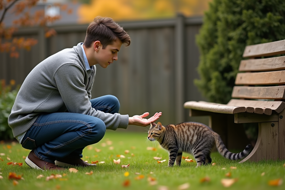 Jeune homme en extérieur avec un chat Maine sur l