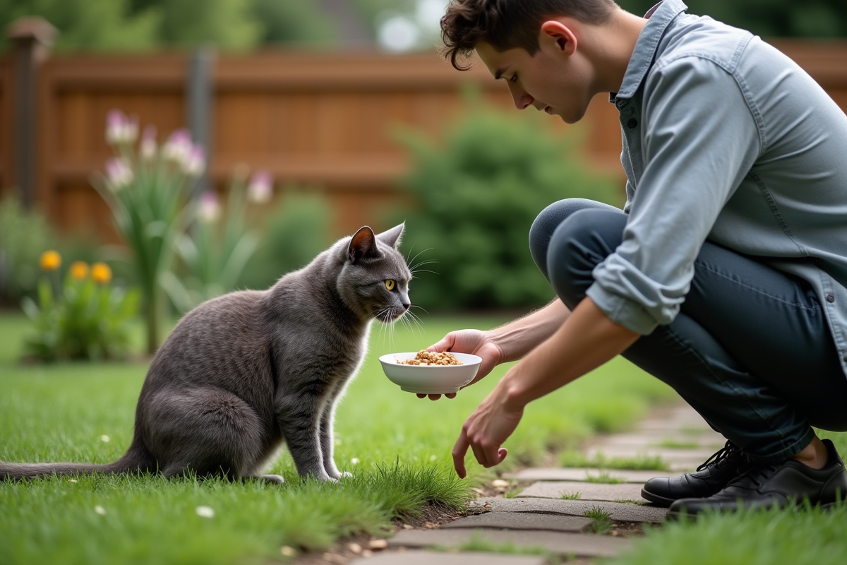 Jeune homme offrant de la nourriture a un chat dans un jardin verdoyant