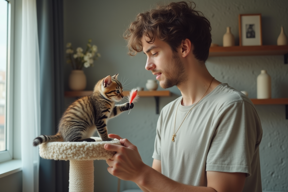 Jeune homme joue avec un chaton calico dans l