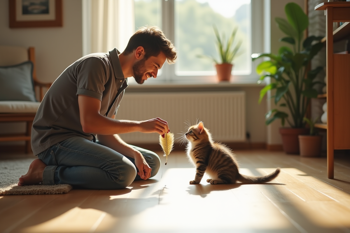 Jeune homme jouant avec un chaton longhair près d