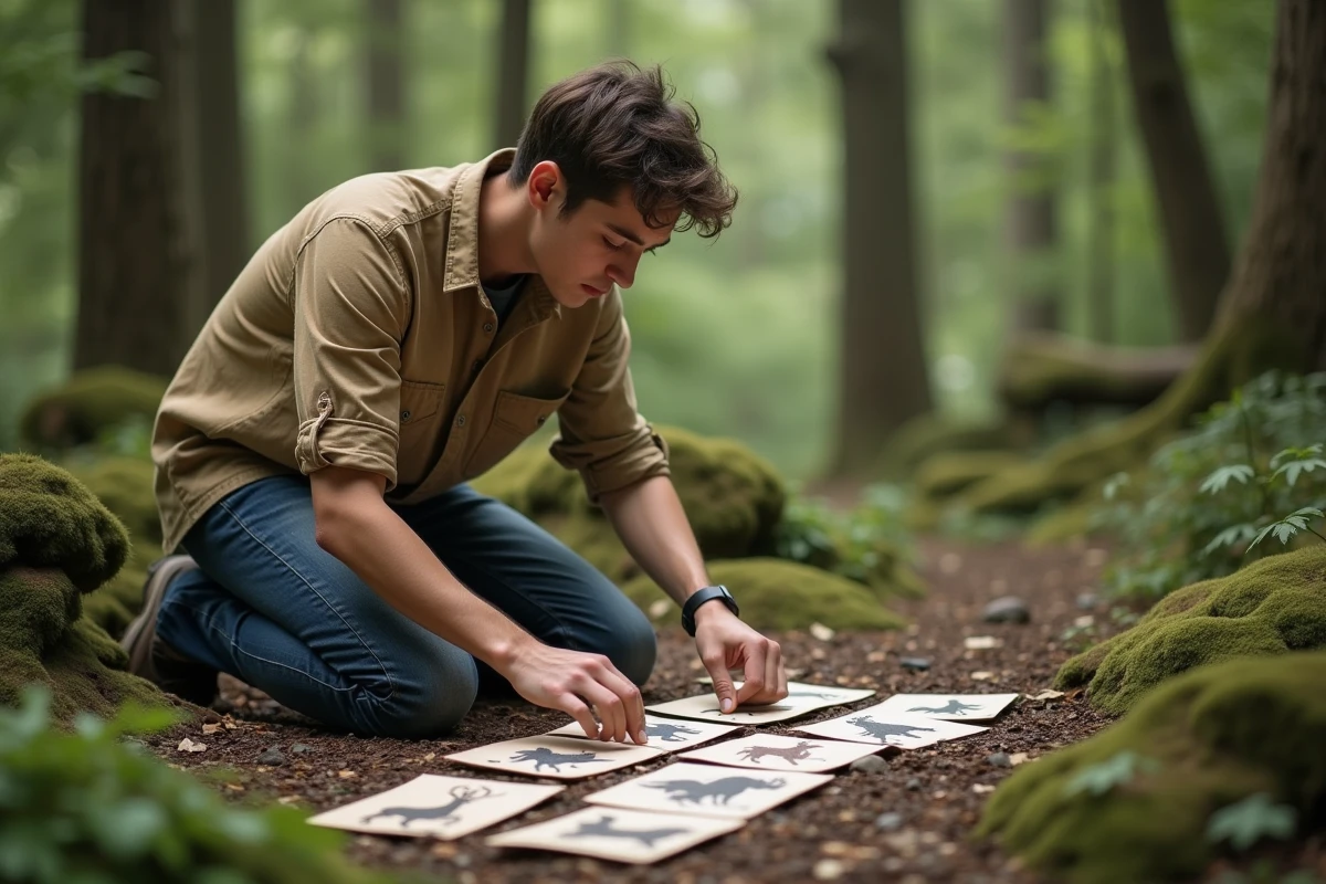 Jeune homme posant avec cartes animaux dans la forêt