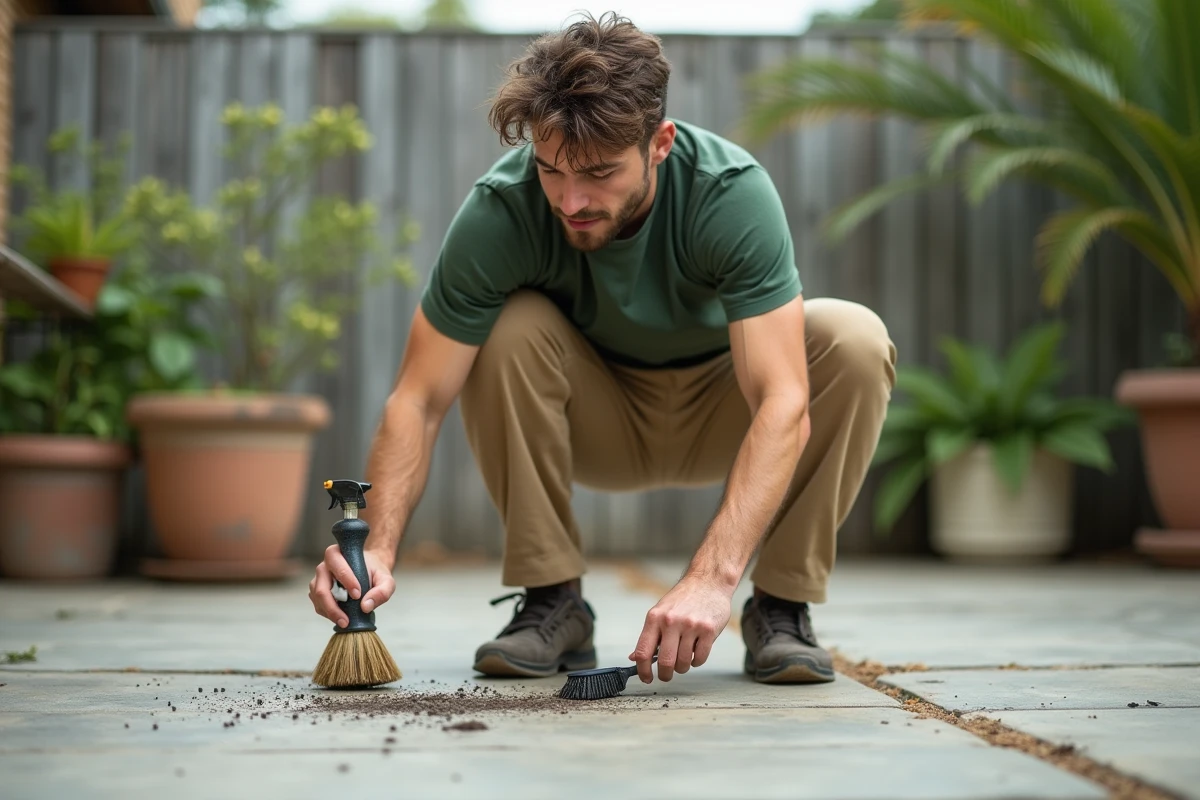 Jeune homme nettoie des taches sur le patio extérieur avec brosse et spray