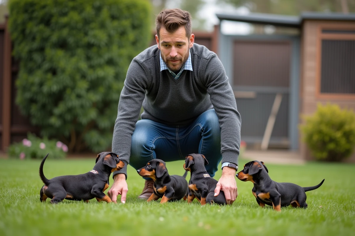 Jeunes chiots dachshund arlequin dans un jardin extérieur