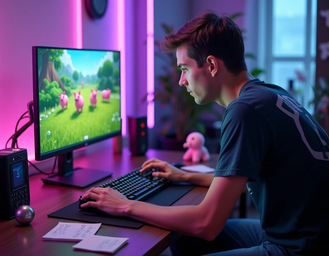 Joueur passionné devant un écran ultrawide montrant un monde fantastique avec des créatures roses dans une prairie verdoyante, entouré d'accessoires gaming