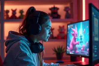 Joueuse concentrée sur un écran d'ordinateur affichant l'interface d'un MMORPG coloré avec des créatures roses et des menus de quêtes