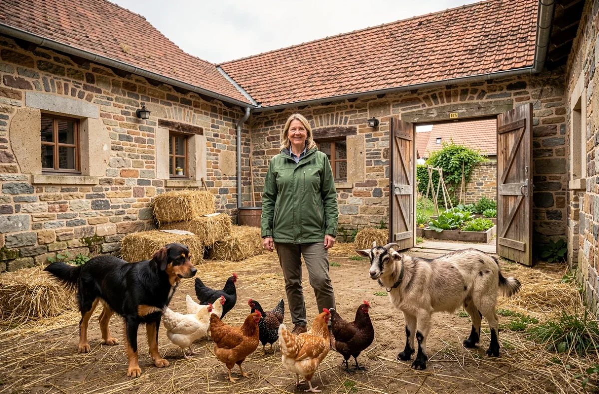 Éleveuse multiespèces dans la cour de sa ferme traditionnelle lorraine à Volmunster entourée de chiens et animaux