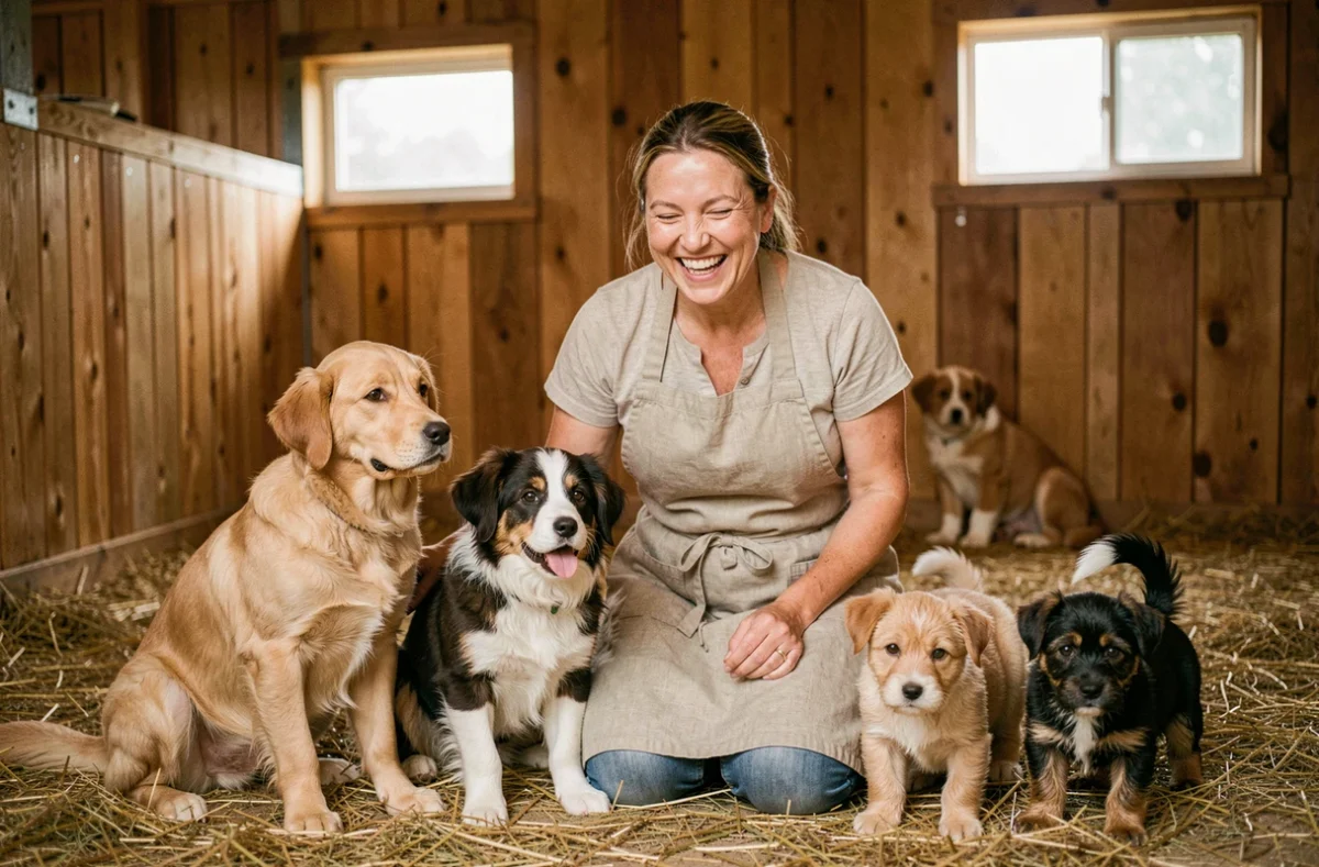 Éleveuse souriante entourée de chiots de plusieurs races à La Pouponnière dans le Grand Est