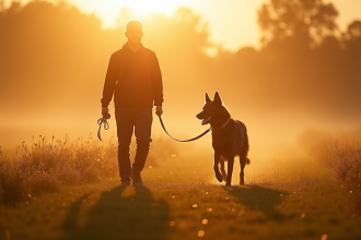 Chien Laekenois marchant au lever du soleil dans une prairie