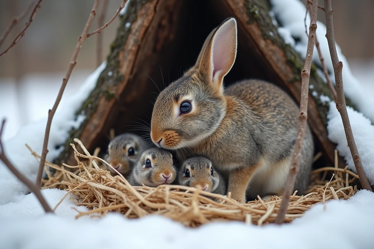 Lapin adulte couvrant ses petits dans un nid douillet