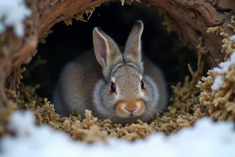 Jeune lapin nouveau-ne dans un nid de mousse sèche