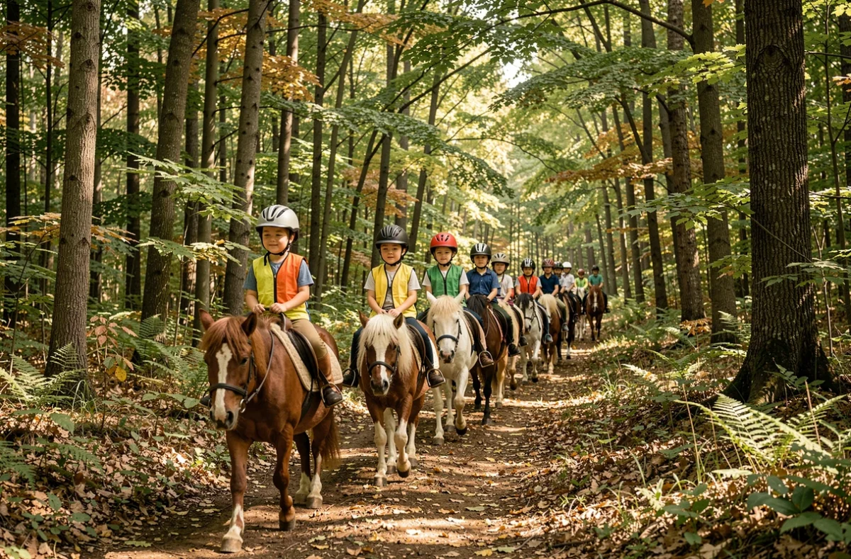Groupe de jeunes cavaliers sur des poneys en balade sur un sentier forestier ombragé du centre équestre Le Petit Canada