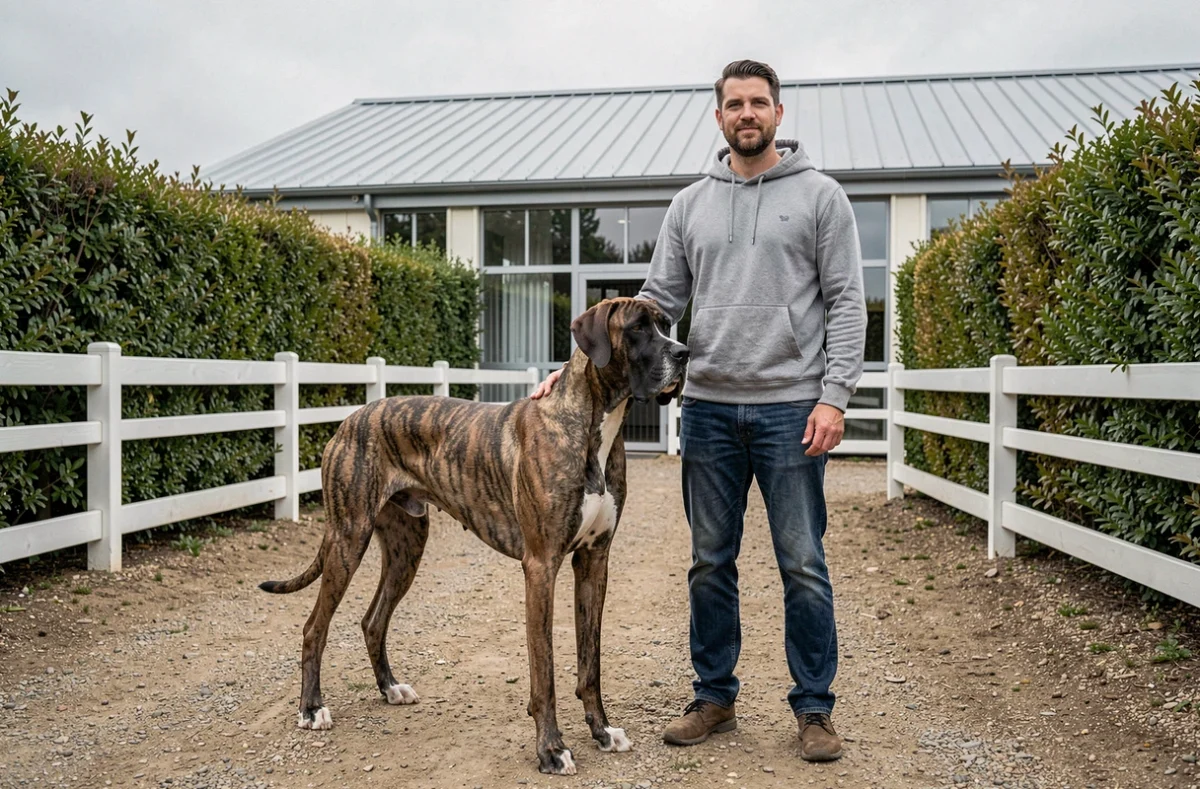 Dogue Allemand bringé impressionnant aux côtés de son éleveur dans un chenil spacieux du Grand Est