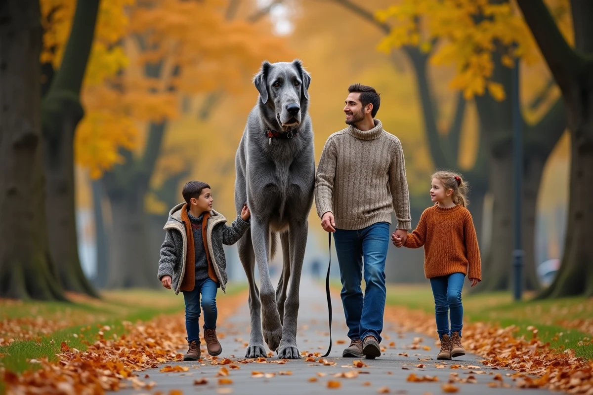 Un lévrier irlandais géant en promenade avec une famille dans un parc en automne, montrant la cohabitation entre grande race et enfants