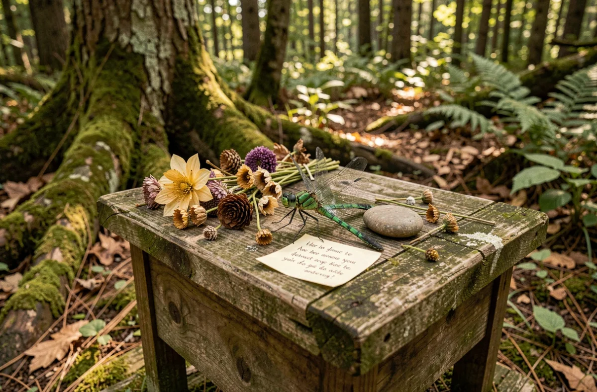 Libellule verte posée sur un autel en bois avec prière écrite et fleurs séchées dans une clairière forestière, évoquant la spiritualité et la communication avec les anges