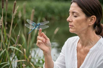 Femme en méditation avec une libellule bleue posée sur son doigt, au bord d'un étang paisible, symbolisant la connexion aux guides angéliques