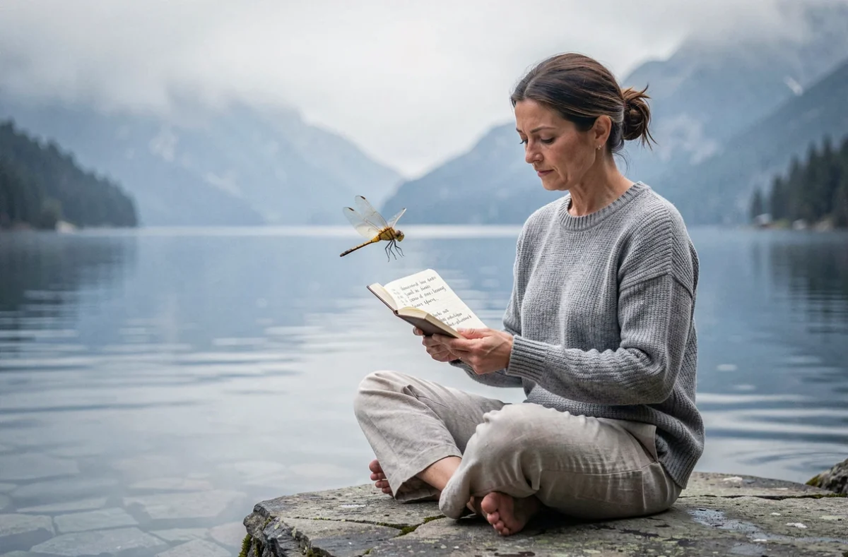 Femme assise sur un rocher au bord d'un lac de montagne tenant un journal d'intentions avec une libellule dorée en vol, symbolisant la prière et les messages des anges guides