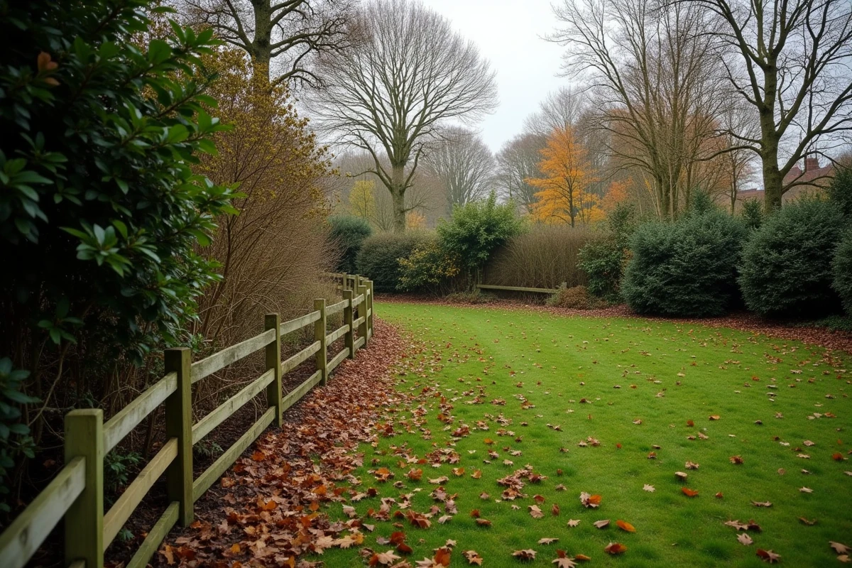 Vue large de la lisière d'un jardin suburban envahi par des traces de passage de sangliers, avec sol retourné et clôture endommagée