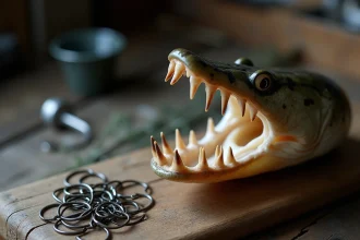 Mâchoire de brochet avec dents acérées posée à côté de triples et d'anneaux brisés sur un établi de pêche en bois
