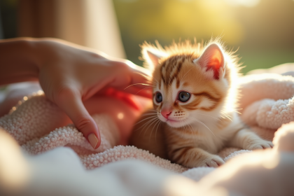 Main douce caressant un chaton sur une couverture chaleureuse