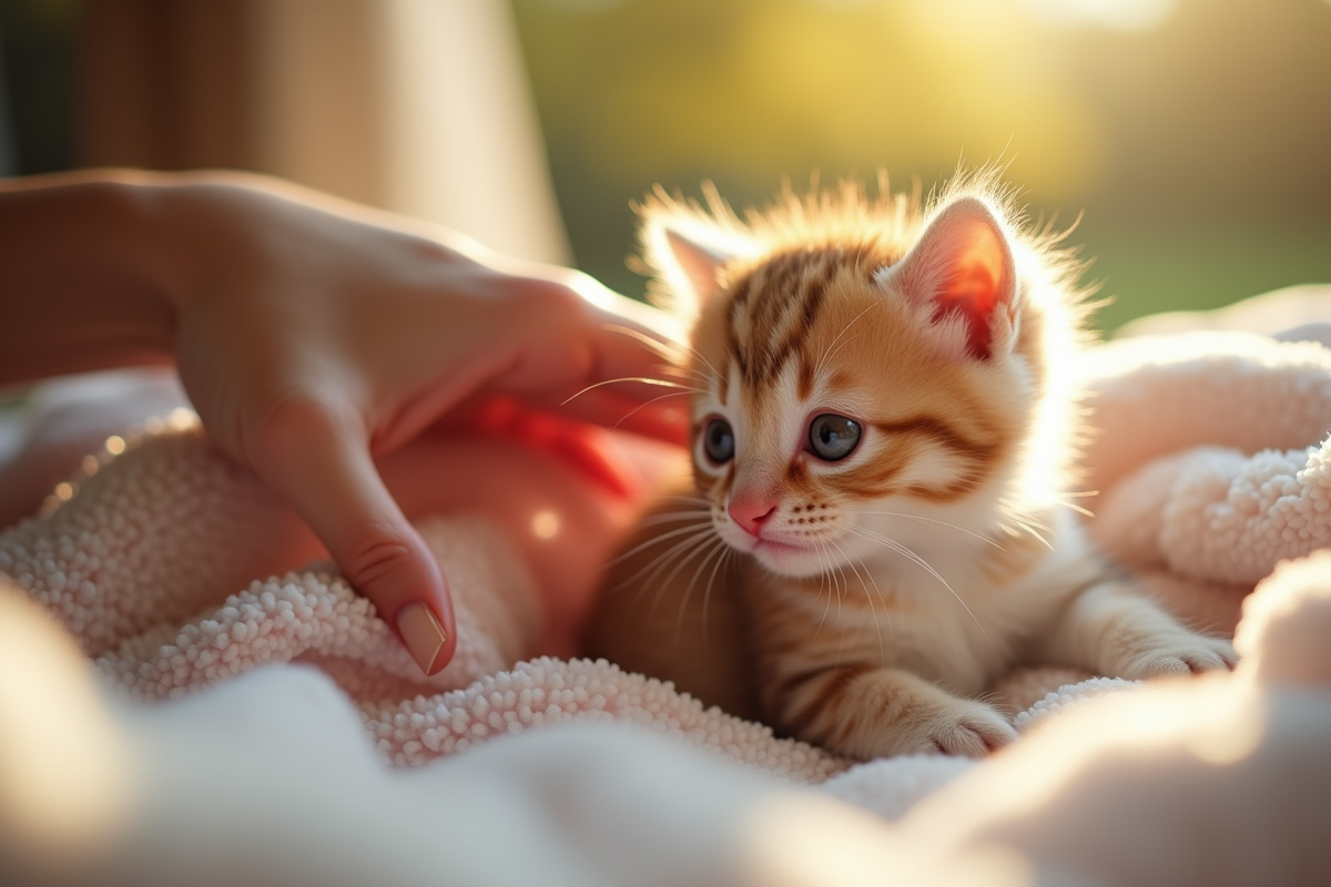 Main douce caressant un chaton sur une couverture chaleureuse