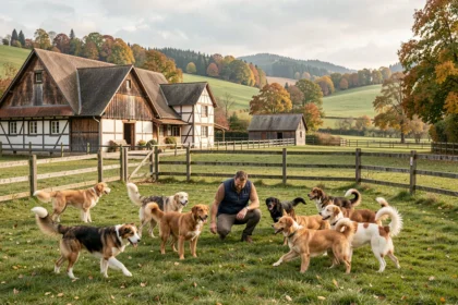 Vue panoramique d'un élevage canin dans le Grand Est avec plusieurs races de chiens en liberté dans un pré verdoyant