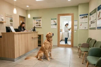 Intérieur d'une clinique vétérinaire moderne dans le Loiret avec un chien et sa propriétaire à l'accueil