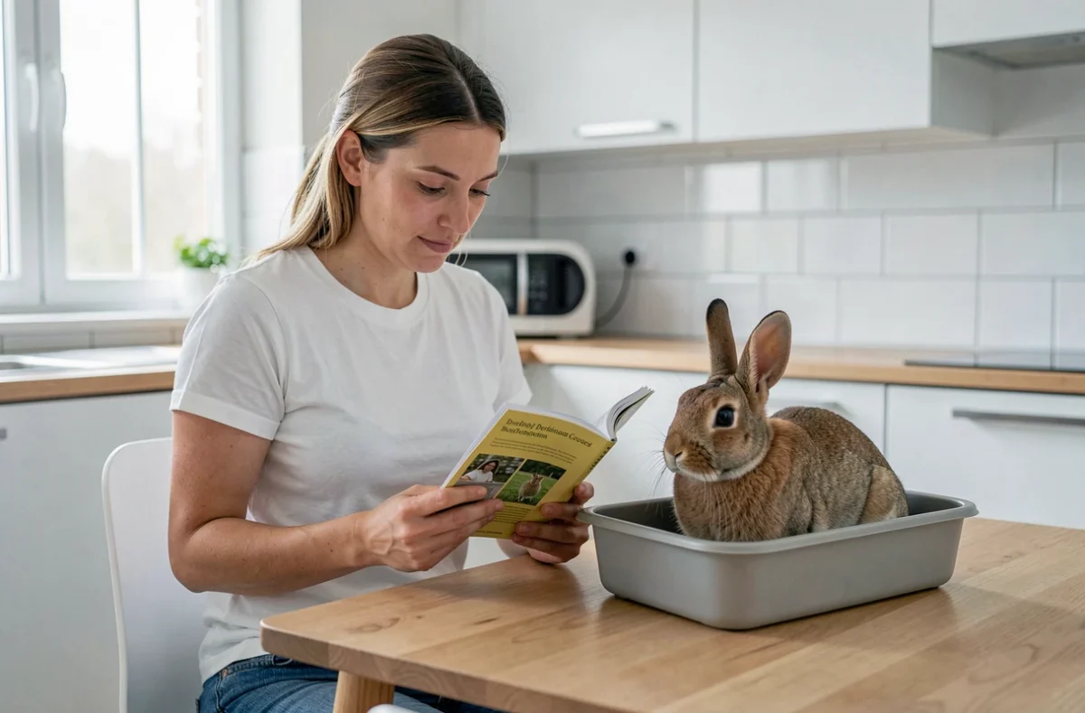 Mère lisant un guide de soins pour lapin à la cuisine avec son lapin posé calmement à côté, symbolisant l'information et la prévention des erreurs