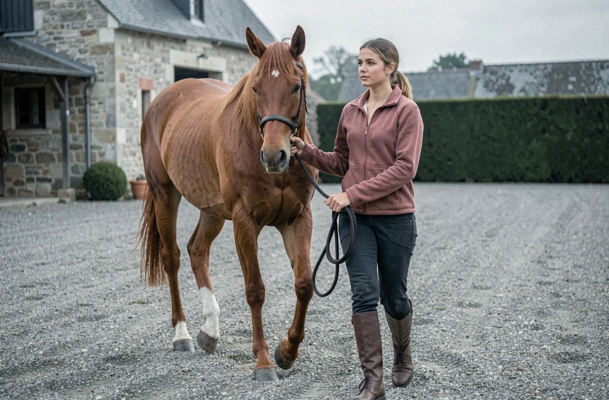 Palefrenière menant un cheval au pas pour résorber un engorgement des membres après un long transport