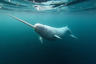 Narval nageant sous la surface de l'océan Arctique avec sa longue corne spiralée, illustrant un animal en N