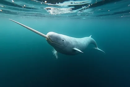 Narval nageant sous la surface de l'océan Arctique avec sa longue corne spiralée, illustrant un animal en N