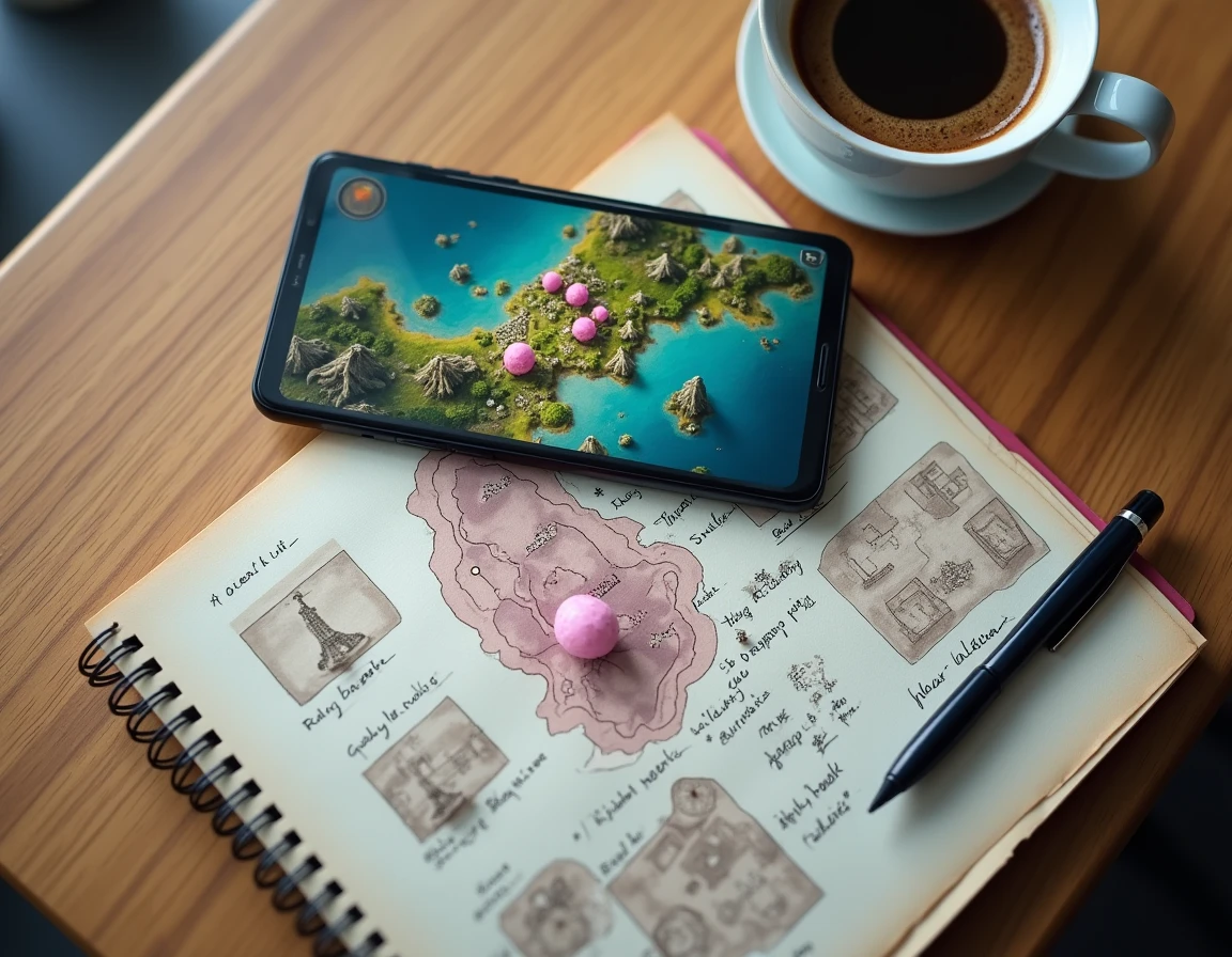 Vue de dessus d'un carnet de notes avec des dessins de créatures roses, un smartphone affichant une carte de jeu fantastique et des captures d'écran de quêtes imprimées